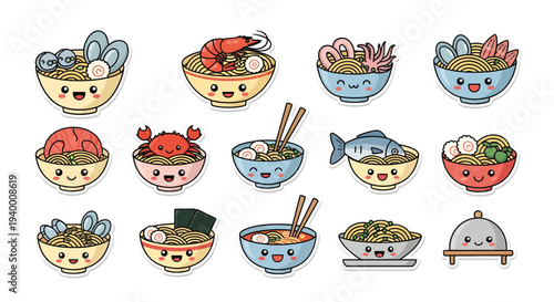 Kawaii Seafood Ramen and Noodles Sticker Set, Cute Japanese Food Vector Illustrations with Smiling Faces, Flat Design Sushi and Seafood Bowls Isolated on White Background