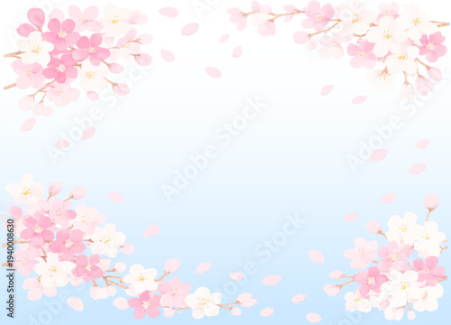 青空に舞う桜の花びらのフレーム素材　可愛い　ベクター