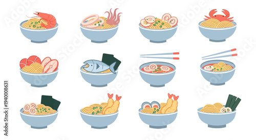 Seafood Ramen Bowl Vector Illustration Set with Shrimp, Crab, Fish, and Squid