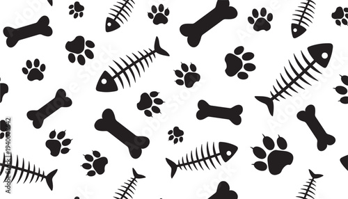 Paw prints, dog bones, and fish skeletons form a repeating pattern on a white background featuring animal, pet, cat with seamless and illustration
