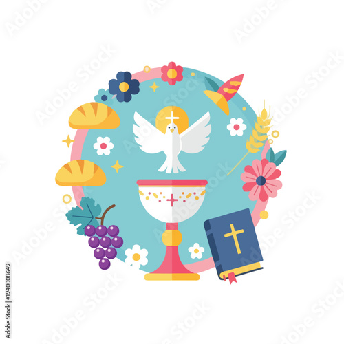 Colorful depiction of Christian sacraments, featuring various symbolic elements