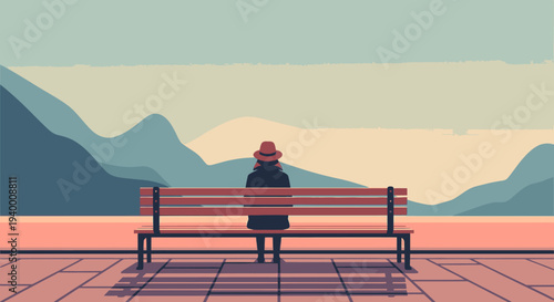 Solitary figure in hat sits on a bench overlooking a serene, minimalist landscape with muted colors.