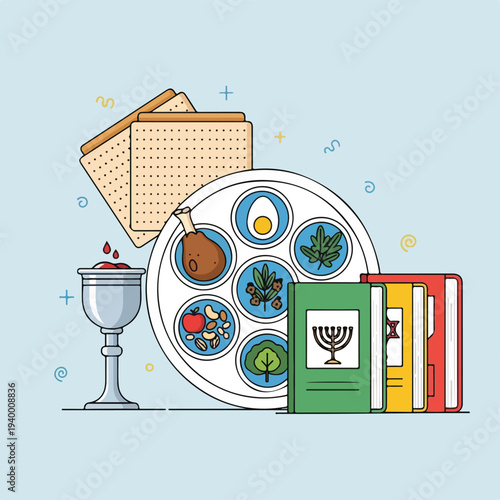Colorful depiction of traditional foods and religious texts on pale blue background