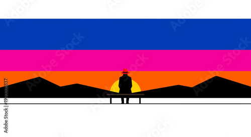Lone figure silhouetted against a vibrant sunset, watching the day end, minimalist style
