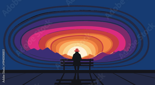 Person in hat sits on bench watching colorful sunset over mountains, abstract layered background