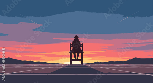 Lone figure sits in chair watching a vibrant sunset over a flat landscape, evoking contemplation and solitude.