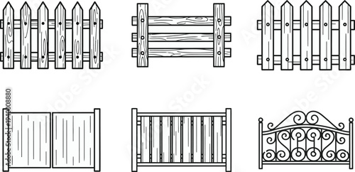 Modern black and white fence designs vector illustration set isolated on white background