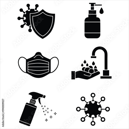 Minimalist icons for virus prevention, including shield, mask, and sanitizer.