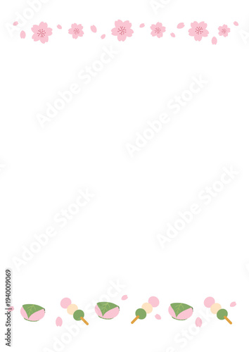 春の背景イラスト　春のバナー　　ウグイスと桜と和菓子　桜餅　団子　フレーム素材