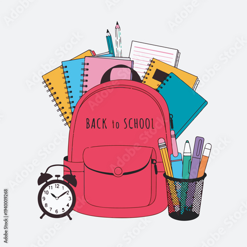 Vibrant illustration of essential school supplies, including a classic backpack, notebooks, and various writing tools, perfectly arranged and ready for the academic year's exciting learning journey