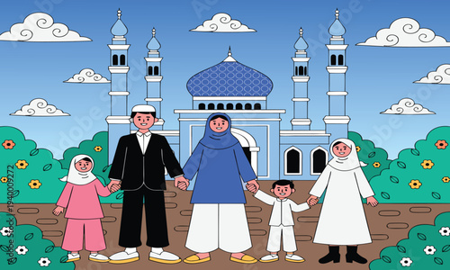 A muslim family stands together in front of a beautiful blue mosque under a cloudy sky