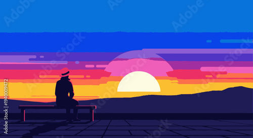 Retro pixel art sunset with a lone figure sitting on a bench, evoking a nostalgic 8-bit vaporwave aesthetic and serene contemplation.
