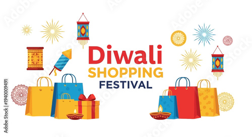 Diwali shopping festival vector illustration with colorful bags and fireworks