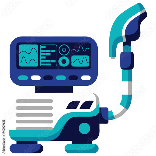 Modern flat vector illustration of a medical ventilator machine with a monitor displaying waveforms.