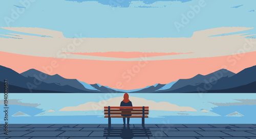 Lone figure sits on a park bench overlooking a serene lake and distant mountains at sunrise or sunset.