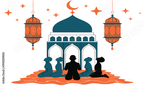 Illustration of a mosque with silhouettes of people praying decorated with a crescent moon high quality