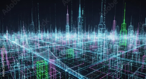 A futuristic digital wireframe cityscape with glowing neon lines representing data and technology.
