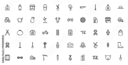 Agriculture icon set. Farming vector illustrations. Includes symbols for farmer, tractor, barn, chicken, cow, pig, crops, tools and more. Editable stroke.