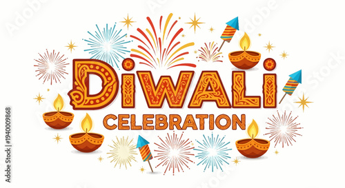 Diwali celebration vector graphic with fireworks and diyas