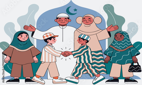 Diverse group of children in traditional islamic clothing greeting each other warmly high quality professional detailed