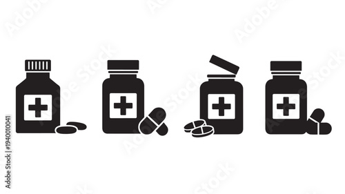 Medical pill bottles and capsules icons with white cross symbols on a black background, representing healthcare and pharmaceuticals.