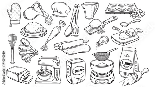 Baking tools and ingredients depicted in a hand-drawn outline style for culinary creation and recipe illustration