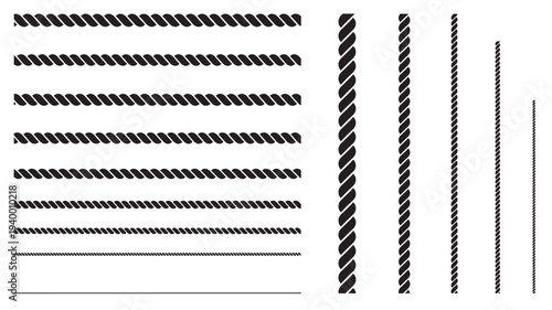 Rope graphic elements featuring various thicknesses and lengths in a clean black and white design. featuring cord, twine, line with strand and thick