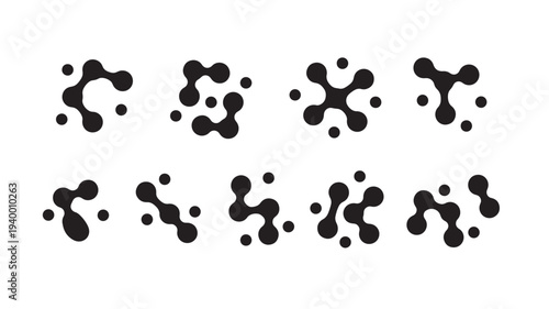 Abstract interconnected black droplet shapes forming molecular structures on a white background, creating a modern scientific or network graphic.