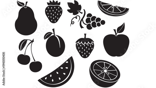 Fruit icon set featuring a pear, strawberries, grapes, apple, cherries, watermelon slice, and orange slices.