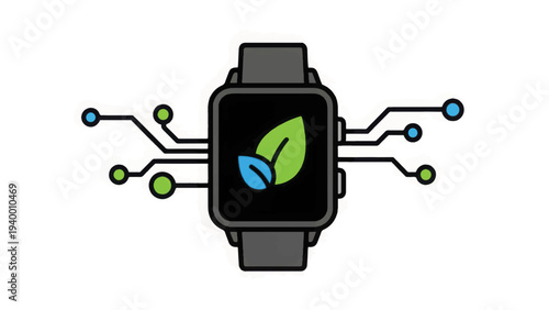 Smartwatch Green Technology Illustration. Eco-friendly Wearable Device with Circuit Board and Leaf Icon.