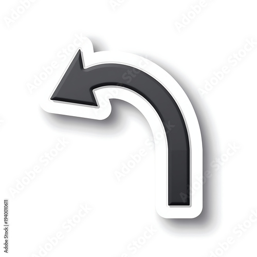 Curved Arrow Symbol Turning Left with White Border and Shadow on White Background
