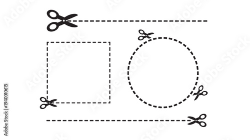 Scissors and dashed lines forming squares, circles, and straight cut lines on a white background. featuring square, circle, oval with perforate and