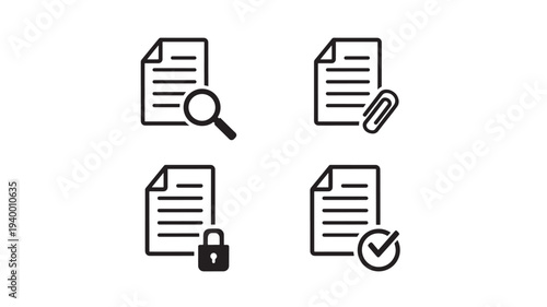 Document icons with magnifying glass, paperclip, padlock, and checkmark, representing search, attach, security, and validation actions.