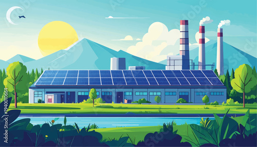 Sustainable Factory: Solar Panel Installation on Industrial Building Roof in Lush Natural Landscape.