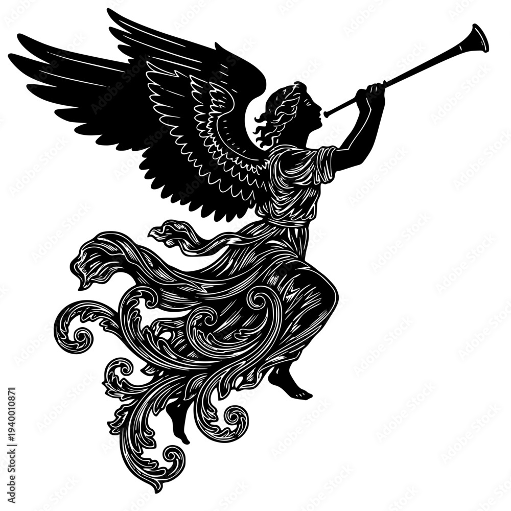 Obraz premium black vector illustration of a majestic winged angel playing a trumpet. The design features intricate line-work in the feathers and flowing garments, capturing a sense of divine heraldry