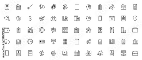 Business icon set. Vector icons pack for notebook, clipboard, passport, invoice, wallet and more. Minimalist thin line editable illustrations.