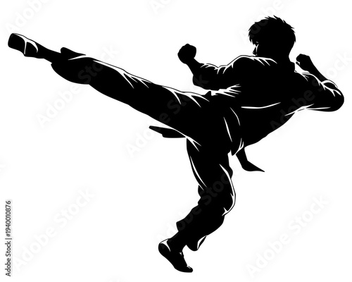 A high-contrast black silhouette of a martial artist performing a powerful mid-air side kick. This dynamic vector illustration captures the energy and precision of karate, taekwondo, or kickboxing.