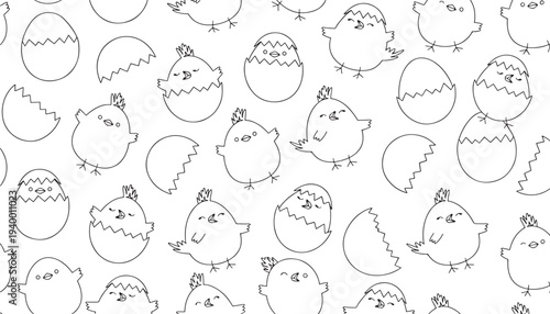 Chicks hatching from cracked eggs in a repeating black and white pattern, cute and playful illustration for Easter.