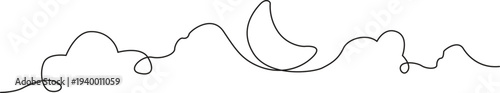 Illustration of continuous line art of a crescent moon and clouds