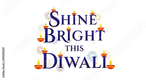Diwali festival greeting text with lamps and fireworks vector