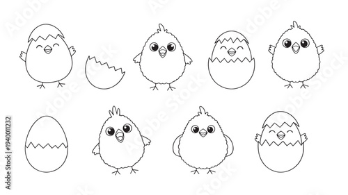Chicks and eggs in black and white line art style for coloring pages or childish designs, featuring various cute characters.
