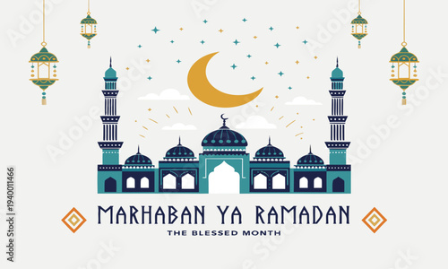 A colorful illustration depicting a mosque crescent moon and lanterns for ramadan celebration high quality professional