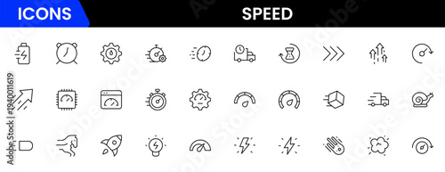 Speed and performance icon set. Containing fast, productivity, indicator, turbo, speeding and speedometer icons. Thin line icon collection. Vector illustration.