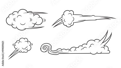 Clouds speed lines cartoon style set with motion effects and dynamic streaks for comic book illustrations and graphic design purposes.