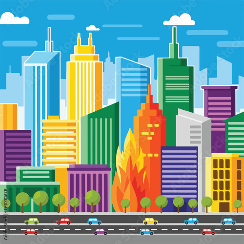 Colorful illustrated cityscape featuring buildings, cars, trees, and sky