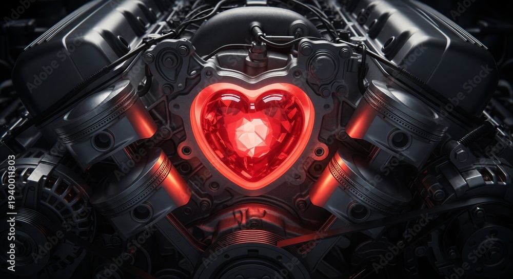 Obraz premium Glowing red heart shaped engine core with dark metallic components