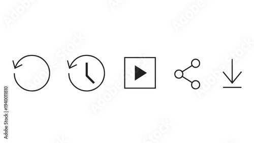 Icons set with refresh, clock, play button, share connection, and download symbols on white background