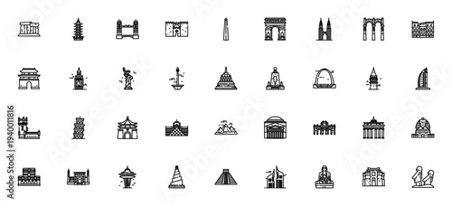 Monuments icon set. Famous landmarks vector collection including Stonehenge, Pyramids, Statue of Liberty, Big Ben, Tower Bridge and more.