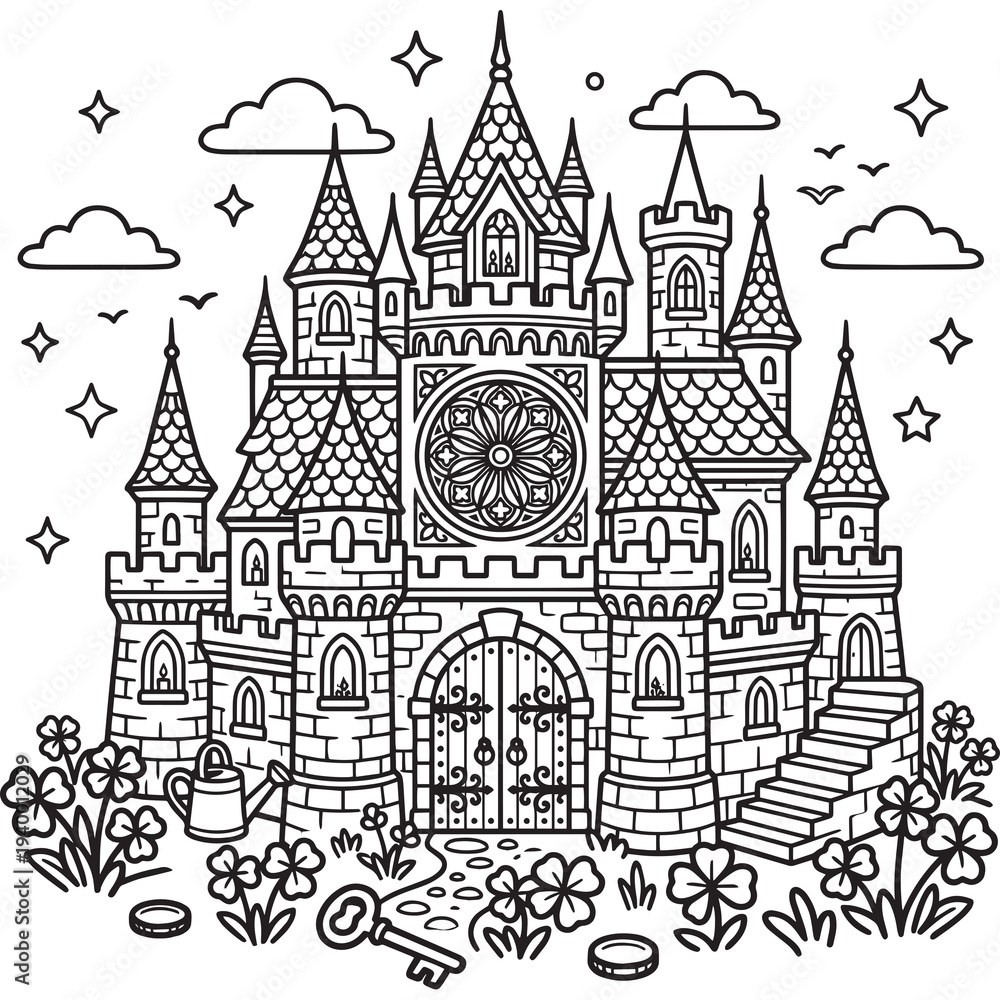Naklejka premium Cute Fantasy Fairy Tale Castle Coloring Page for Kids Magical Kingdom Line Art Illustration