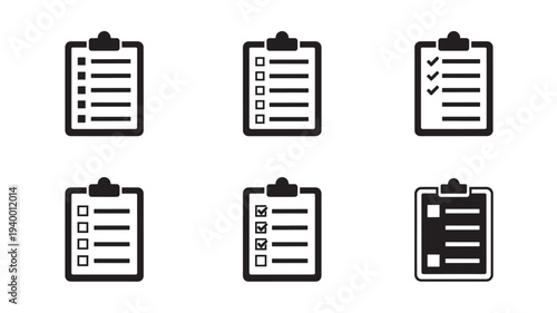 Clipboards set with checkmarks and empty boxes, representing lists and tasks completed. featuring clipboard, list, checklist with task and done